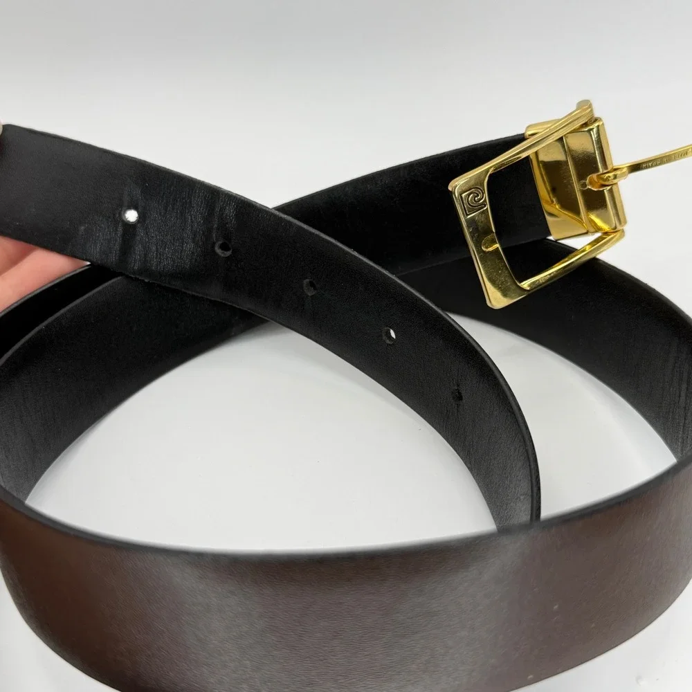 Pierre Cardin Reversible Leather Belt Black Brown Gold Buckle Made in Spain 43in